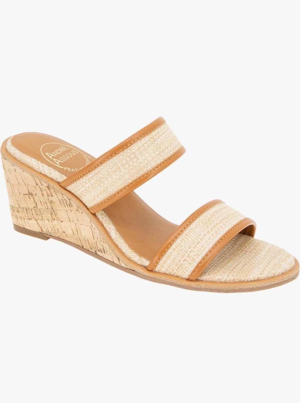 Andre Assous Tan Raffia Dual Strap Wedge Slide